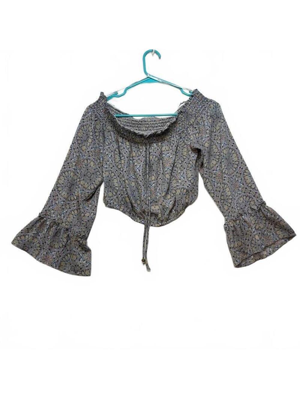 Kingston Grey Womens Off Shoulder Crop Top Medium Blue Yellow Floral Bell Sleeve
